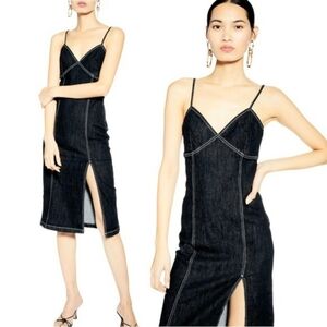 Topshop Women's Black Denim Midi Slit‎ Front Jean Dress Size 6